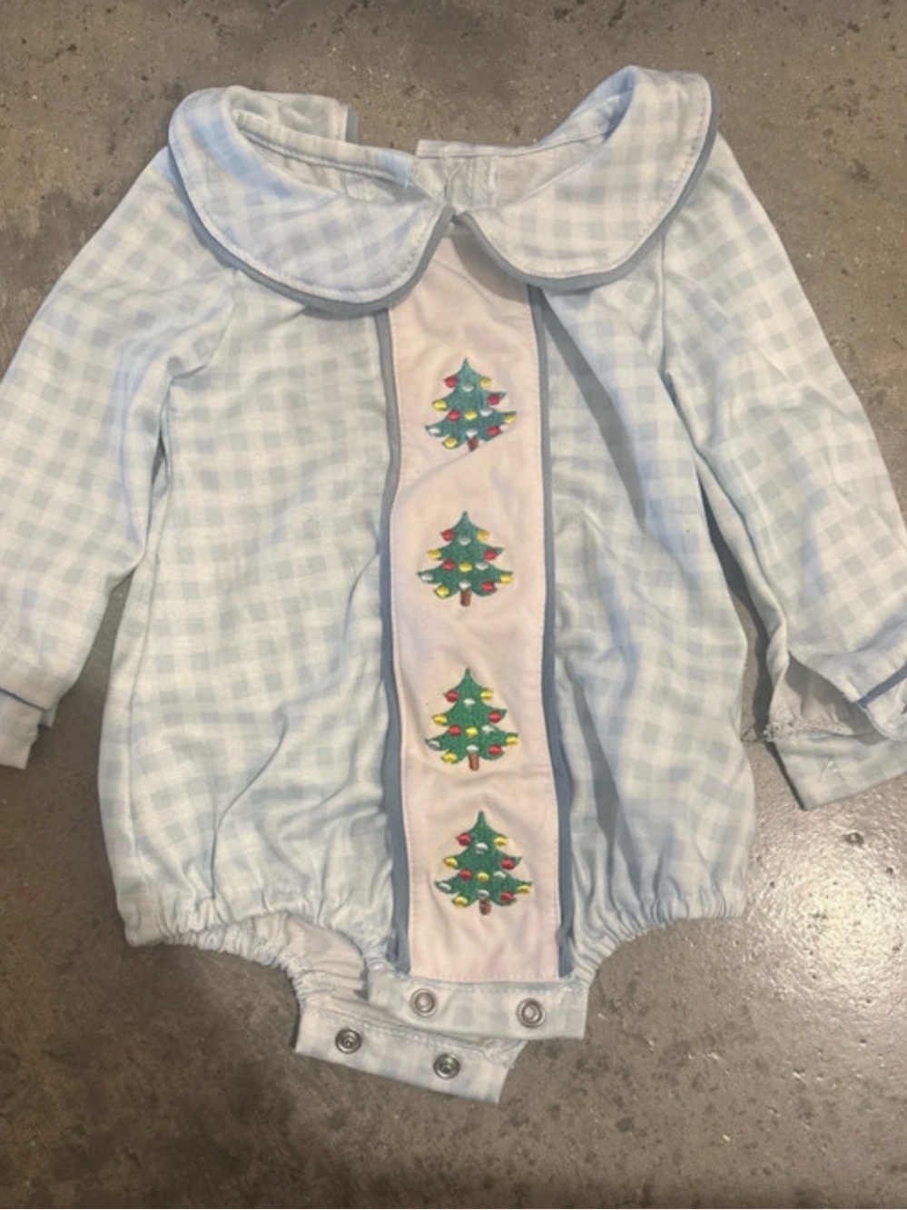 Source Unknown Light Blue Gingham One-Piece with Embroidered Green Trees